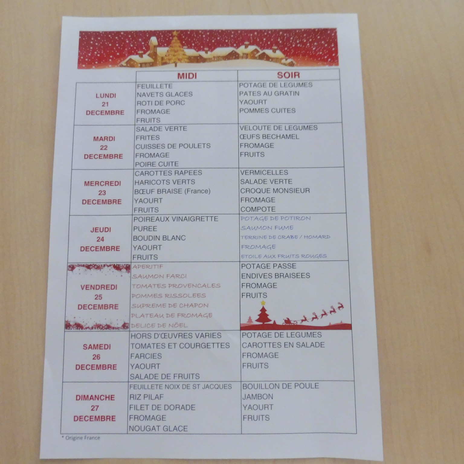Menus de Noël … EHPAD MARIE GOY